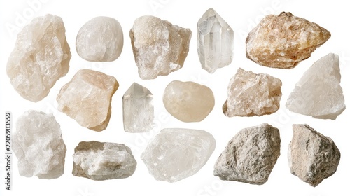 an assortment of crystalline substances arranged in a grid pattern. each substance is distinctively differentiated by its shape and color, indicating a variety of compositions or types