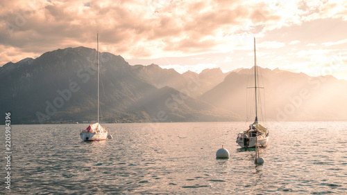 Scenic View of Lake Geneva and the Swiss Alps at Sunset