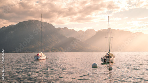 Scenic View of Lake Geneva and the Swiss Alps at Sunset