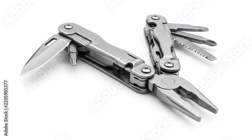 Tactical stainless steel multi-tool unfolded on white