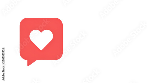Red speech bubble with a white heart symbol inside, isolated on a white background, flat for social media likes