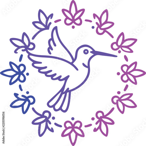 Colorful hummingbird surrounded by floral leaves