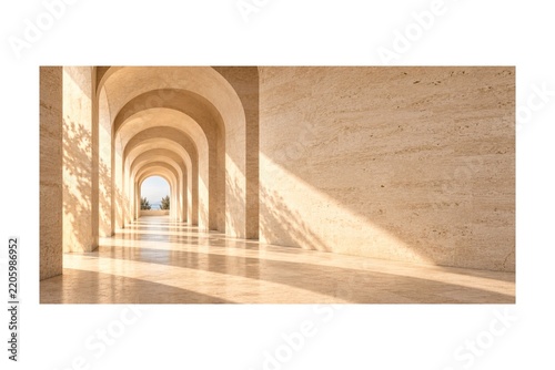 Sunlit Beige Limestone Archway with Repeating Curved Architecture and Warm Shadows