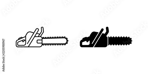 Chainsaw icon set showing graphic design vectors featuring black silhouettes and outline styles on transparent background