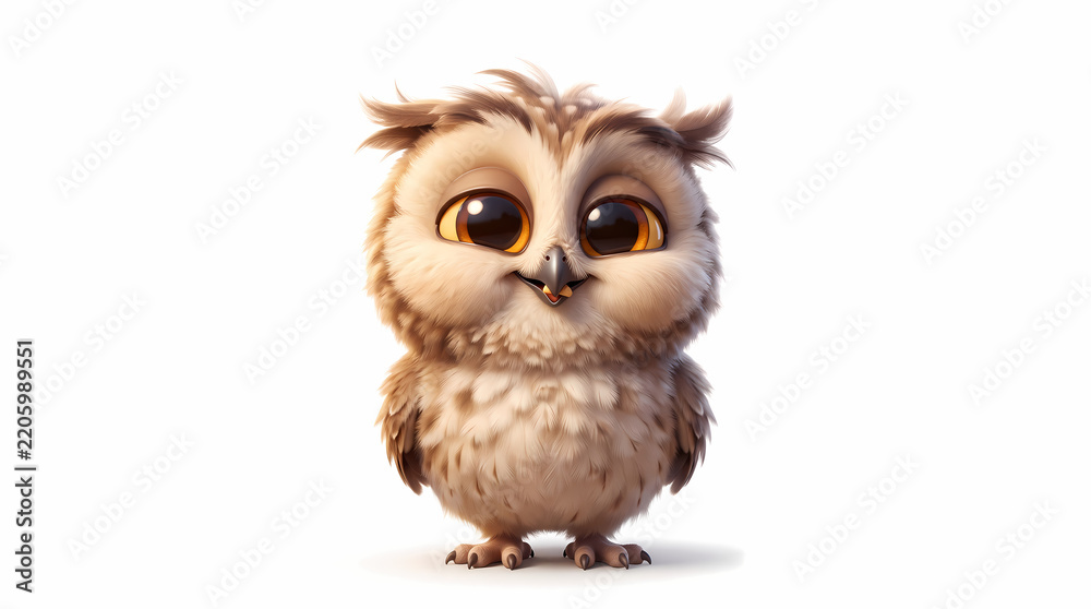Fototapeta premium Cute Baby Owl Holding Snack Character Fluffy Brown Bird Illustration 3D Render