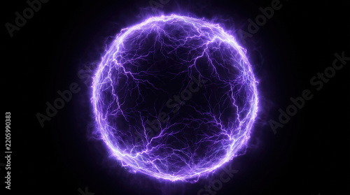 Purple Glowing Electrical Energy Ball with Lightning Discharge Isolated on Black Background
