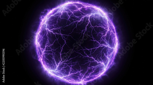 Abstract purple plasma energy ball with electric lightning strikes isolated on black