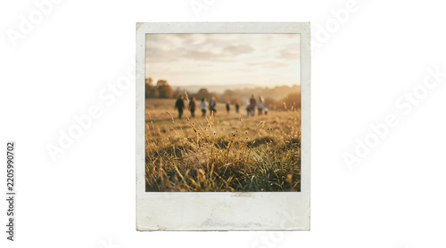 Vintage polaroid frame showing a family walking in a golden meadow on transparent background