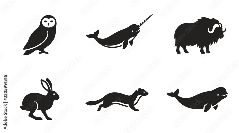 Obraz premium Collection of Arctic animal icons including owl narwhal musk ox rabbit weasel and beluga whale
