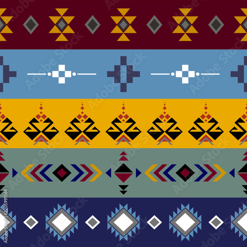 Tribal geometric seamless pattern with colorful native american style stripes.