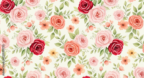 Vintage blooming roses and leaves seamless pattern in romantic pastel colors for wedding and textile design.
