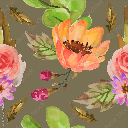 Watercolor floral seamless pattern with orange poppies and pink roses on dark olive background for textile design.