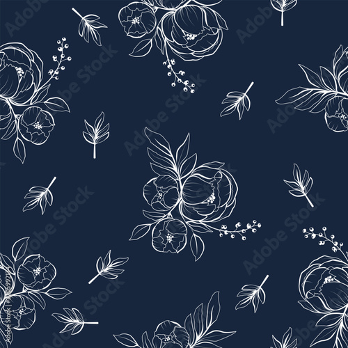 White peony flower line art seamless pattern on navy blue background for elegant textile design.