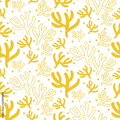Yellow organic seaweed and coral shapes on transparent background for marine design.
