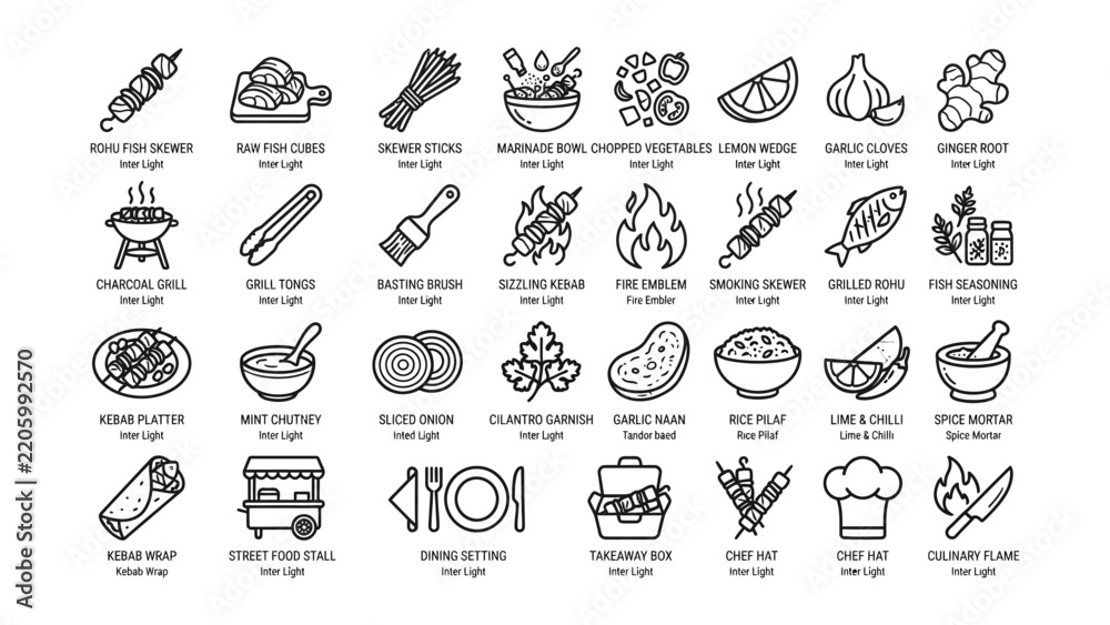 Fototapeta premium Collection of black line icons depicting various grilling ingredients tools and food preparation items with transparent backgrounds