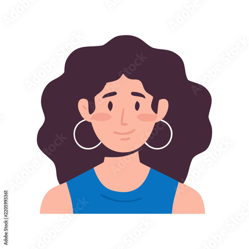Smiling young woman avatar with dark curly afro hair and hoop earrings vector illustration
