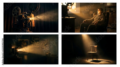 Young boy watching classic film on vintage projector in a cozy, dimly lit room with nostalgic decor featuring warm, cinematic lighting and a nostalgic atmosphere