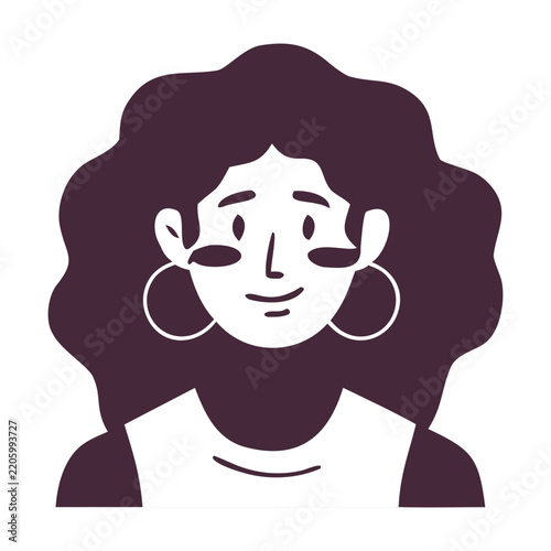 Smiling young woman avatar with voluminous curly hair and hoop earrings vector illustration