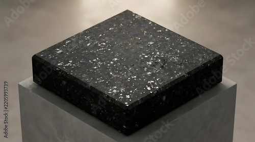 Close-up of a polished black stone surface displayed on a minimalist pedestal in an art gallery with soft ambient lighting and a sleek modern aesthetic
