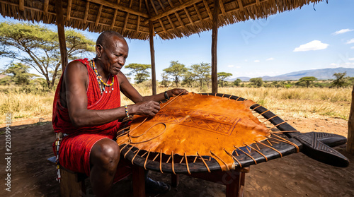 Maasai Man Intricately Crafting Leather Item Under Thatched Shelter