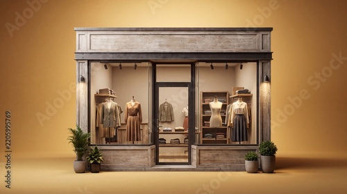 Boutique storefront exhibits fashionable clothing inside a neutral toned miniature retail shop model.