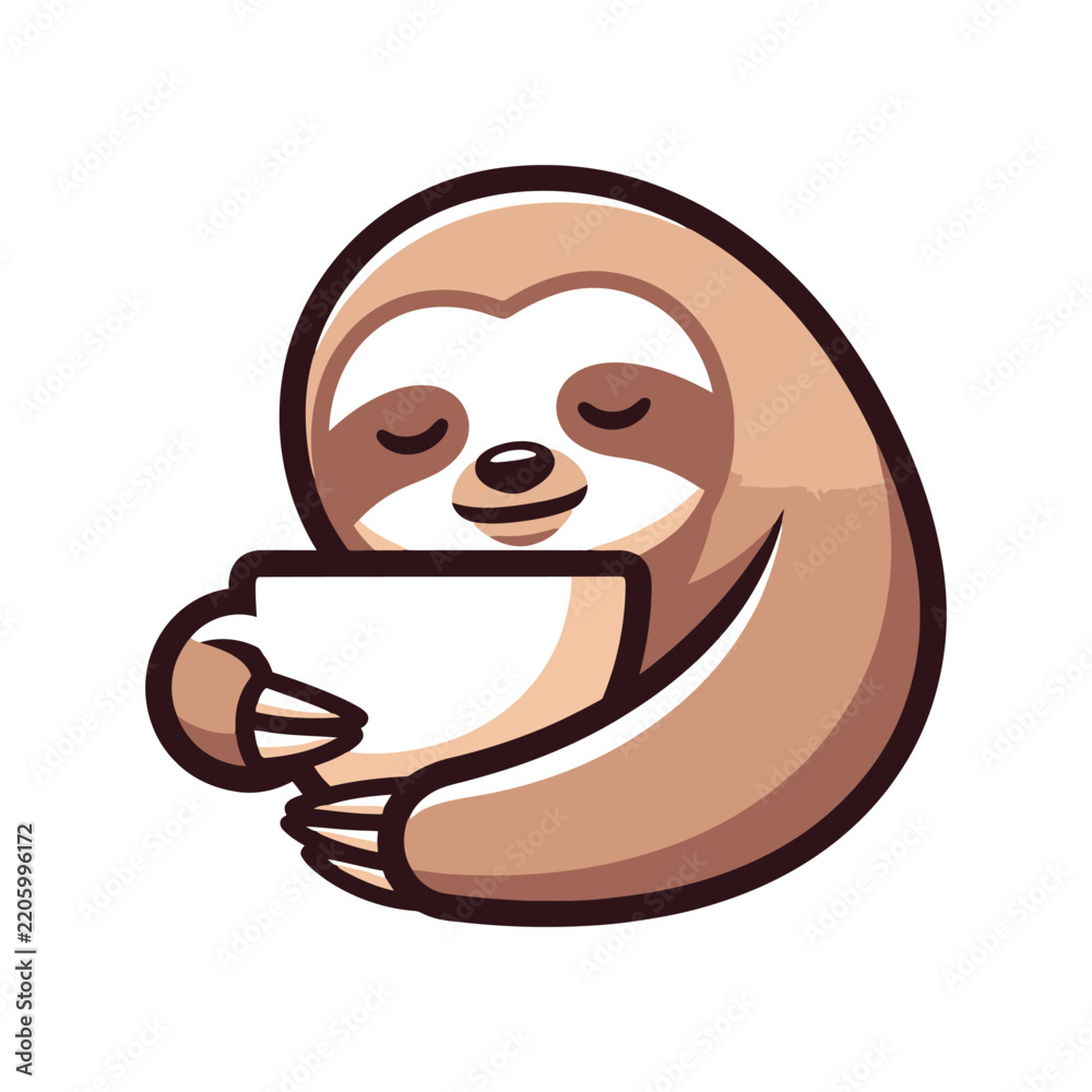 Obraz premium Cute cartoon sleepy sloth hugging a coffee cup vector illustration 