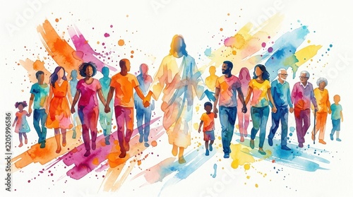 Jesus Christ Walking with a Diverse Group of People in Vibrant Watercolor Style, Symbolizing Unity and Faith