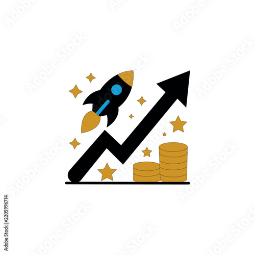 🚀 Rocket Ship Launching Upwards on a Growth Chart with Coins Symbolizing Financial Success and Business Expansion