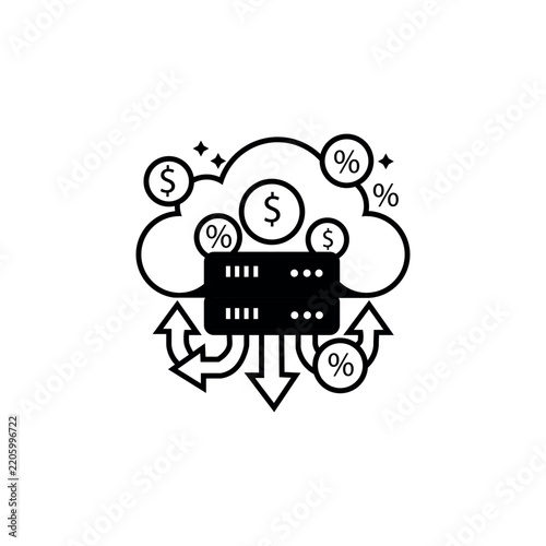 Cloud computing cost icon representing server storage budget database finance transaction fees and data storage interest percentage