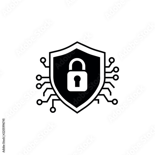 Digital Cyber Security Shield Icon Featuring Integrated Circuit Pattern for Advanced Network Data Protection and Software Infrastructure Safety