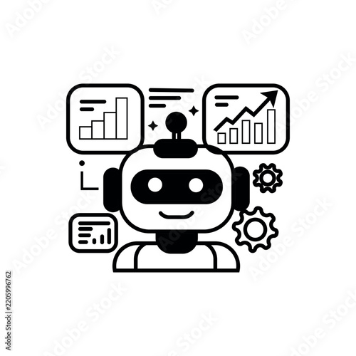AI bot processing data with charts and gears, illustrating business analytics and technological advancement
