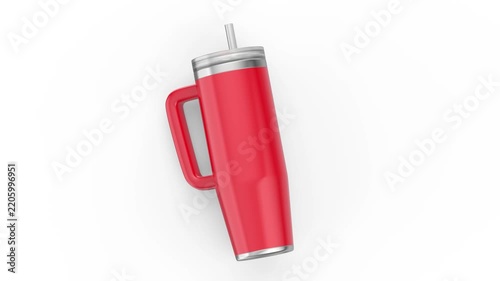 Red insulated stainless steel tumbler with straw and handle on white background