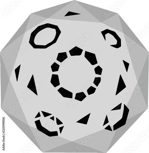 Abstract geometric icosahedron sphere with black polygon patterns on a light grey background