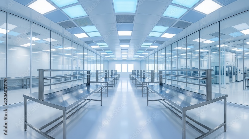 Obraz premium Modern Clean Room Interior with Stainless Steel Benches and Bright LED Lighting