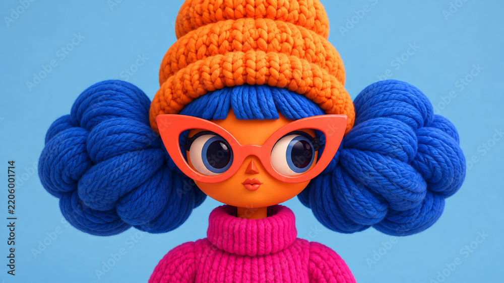 Fototapeta premium Whimsical knitted fashion character with blue yarn hair, orange beanie, oversized sunglasses and pink turtleneck, ideal for winter posters, greeting cards, ads and social media.