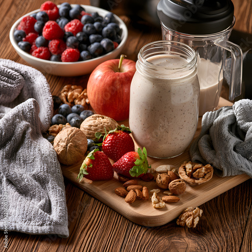 Nutritious Plant Based Milk with Fresh Fruit and Mixed Nuts on Wooden Table