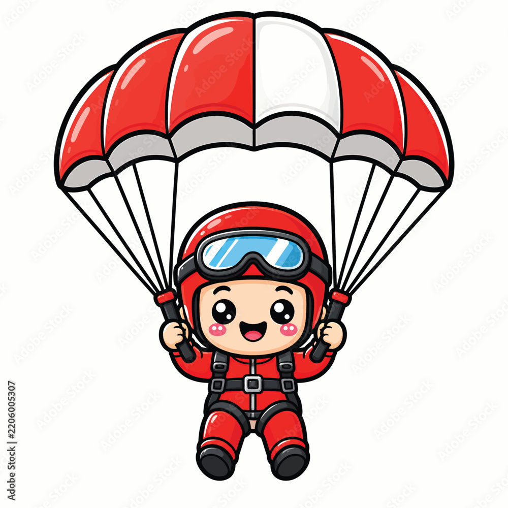 Obraz premium Cute child skydiver descending with a red and white parachute, representing adventure, extreme sports, courage, travel, freedom, and outdoor recreation