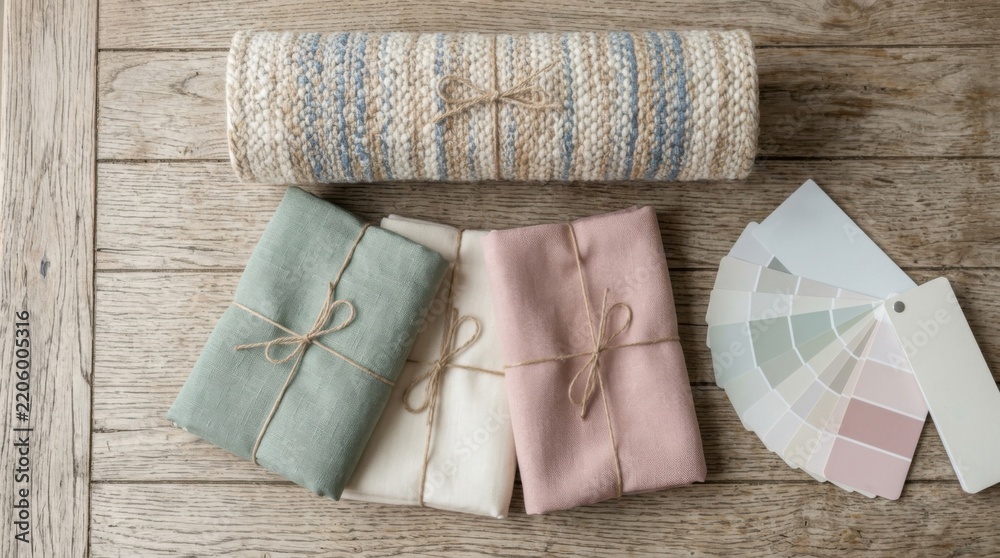 Obraz premium Winter home update flat lay with rolled area rug, folded curtain fabric samples and paint swatch fan for cozy seasonal interior renovation.