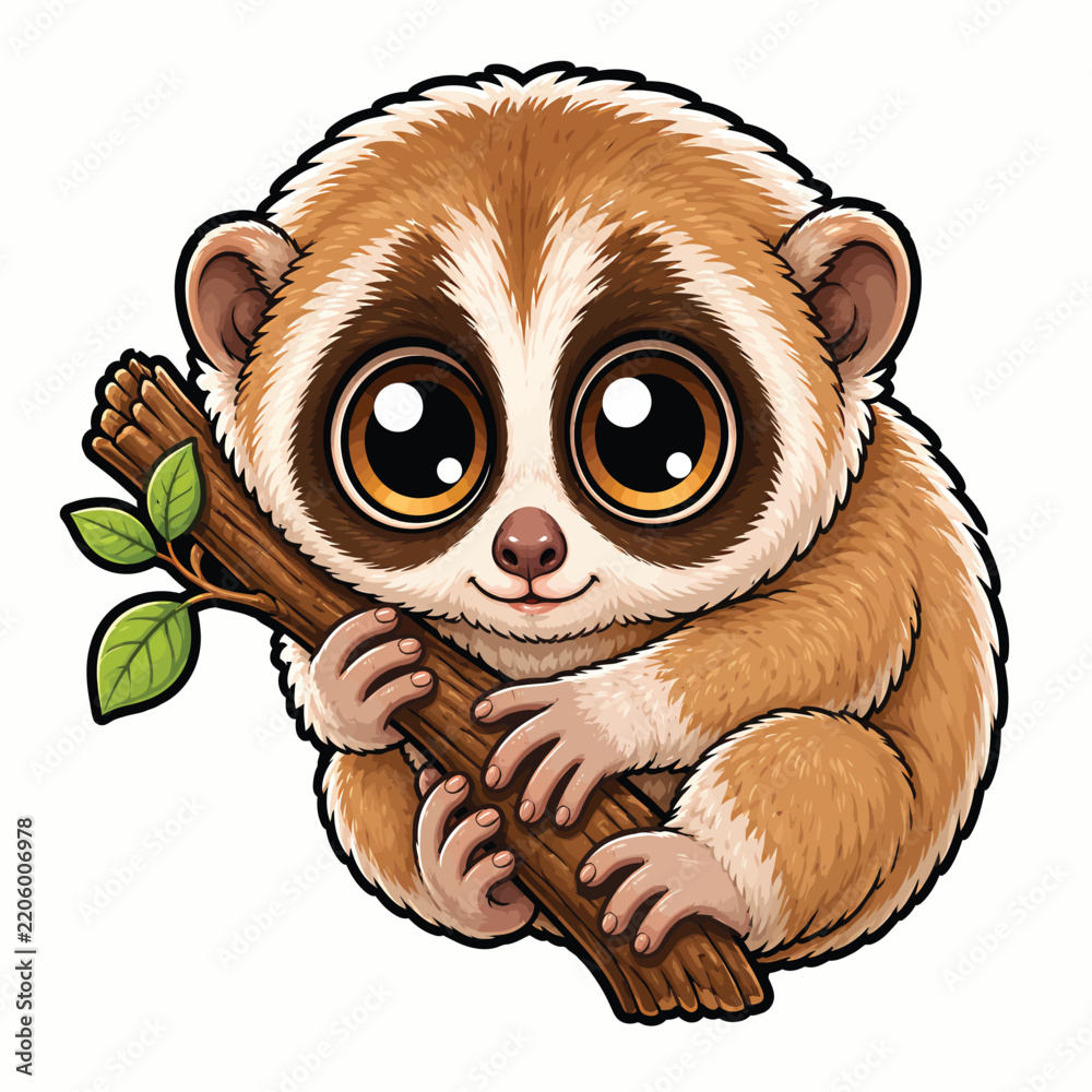 Obraz premium Adorable cartoon sloth with soft brown fur, huge expressive eyes, and a leafy branch, creating a charming relaxed wildlife character