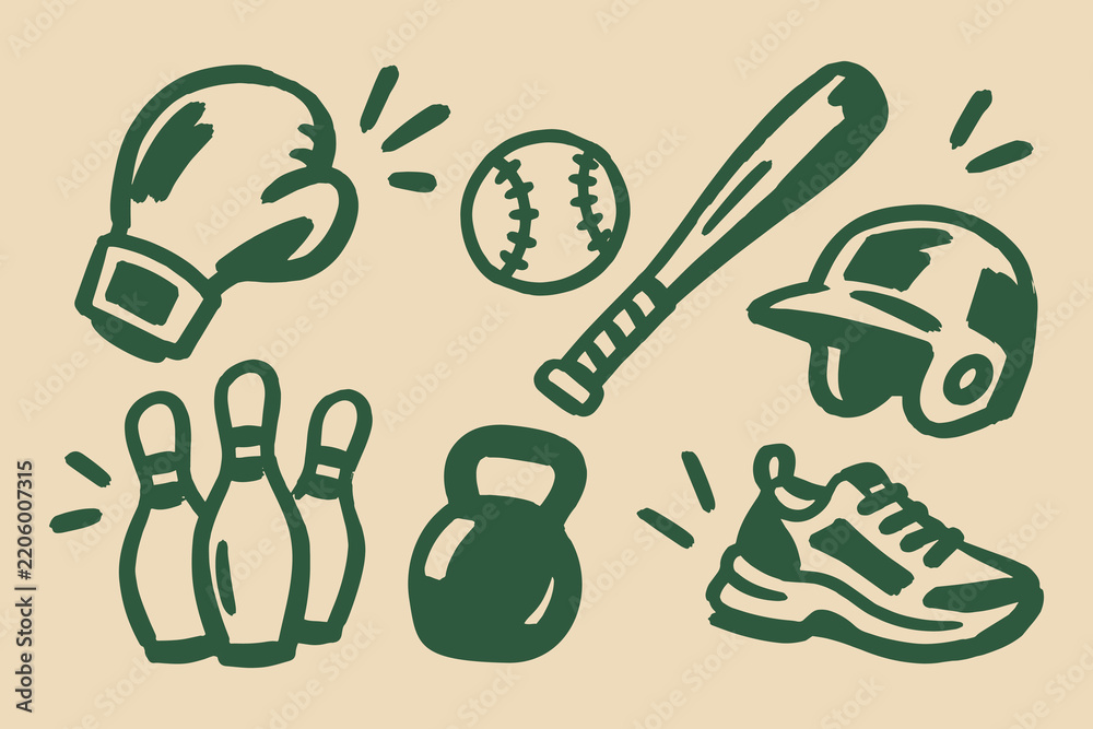 Obraz premium Sports Equipment Hand Drawn Baseball and Fitness Set