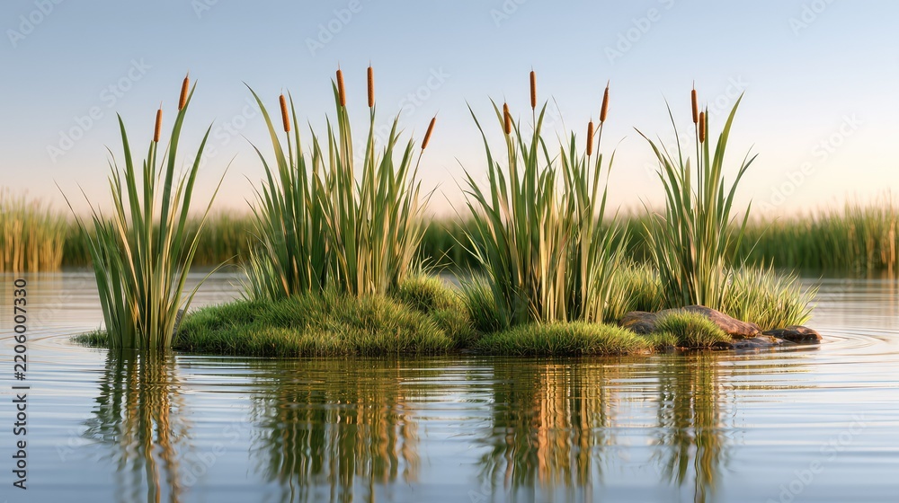 Fototapeta premium Serene Marsh Landscape with Lush Green Grass, Reeds, and Calm Water Reflections at Sunset