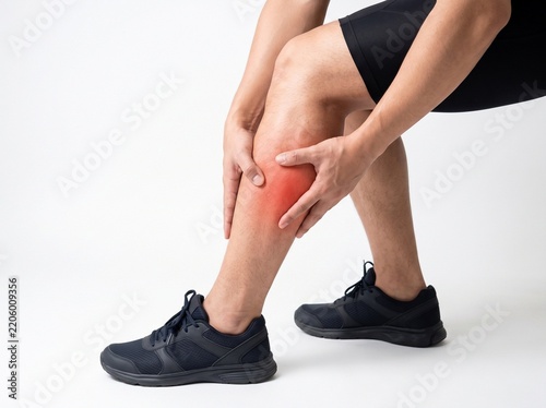 Man Holding Calf in Pain, Gastrocnemius Muscle Highlighted in Red, Medical Illustration