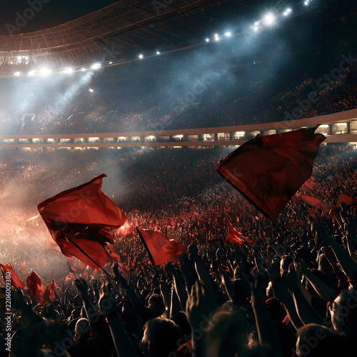 Excited Soccer Fans Celebrating in a Packed Stadium with Flags