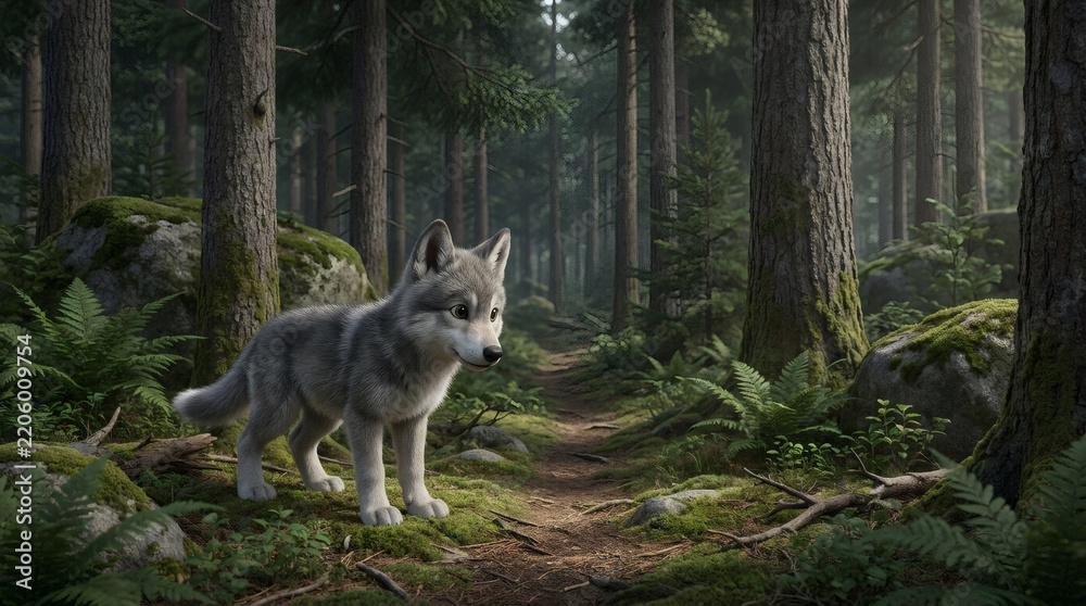 Fototapeta premium Little wolf cub standing on a forest path in a lush evergreen woodland