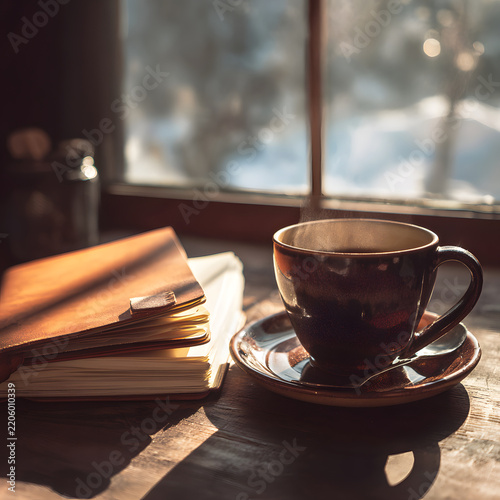 Coffee Cup and Open Notebook on Wooden Desk in Soft Morning Light