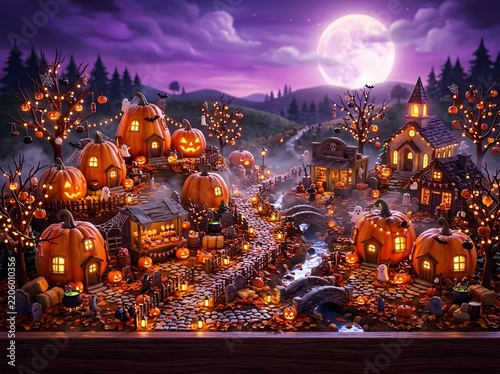 Whimsical Enchanted Halloween Village Glowing with Jack-O'-Lanterns, Ghostly Figures, and Mystical Nighttime Atmosphere