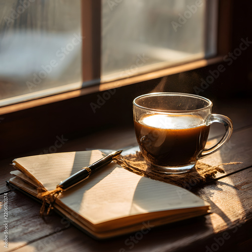 Coffee Cup and Open Notebook on Wooden Desk in Soft Morning Light