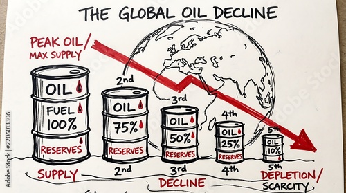 Hand drawn illustration of global oil depletion and scarcity