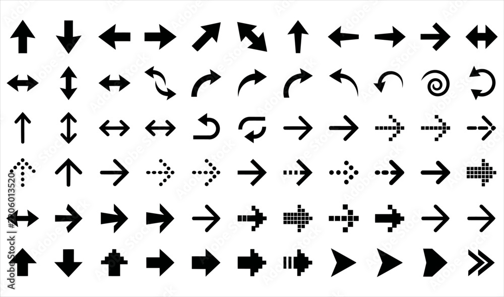 Fototapeta premium Set of various black arrow icons pointing in multiple directions with direction signs navigation arrows UI elements graphic arrows vector arrows web design