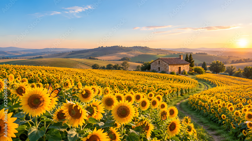Fototapeta premium Golden Sunflower Field with Rustic Farmhouse, Winding Path and Rolling Hills at Warm Golden Hour